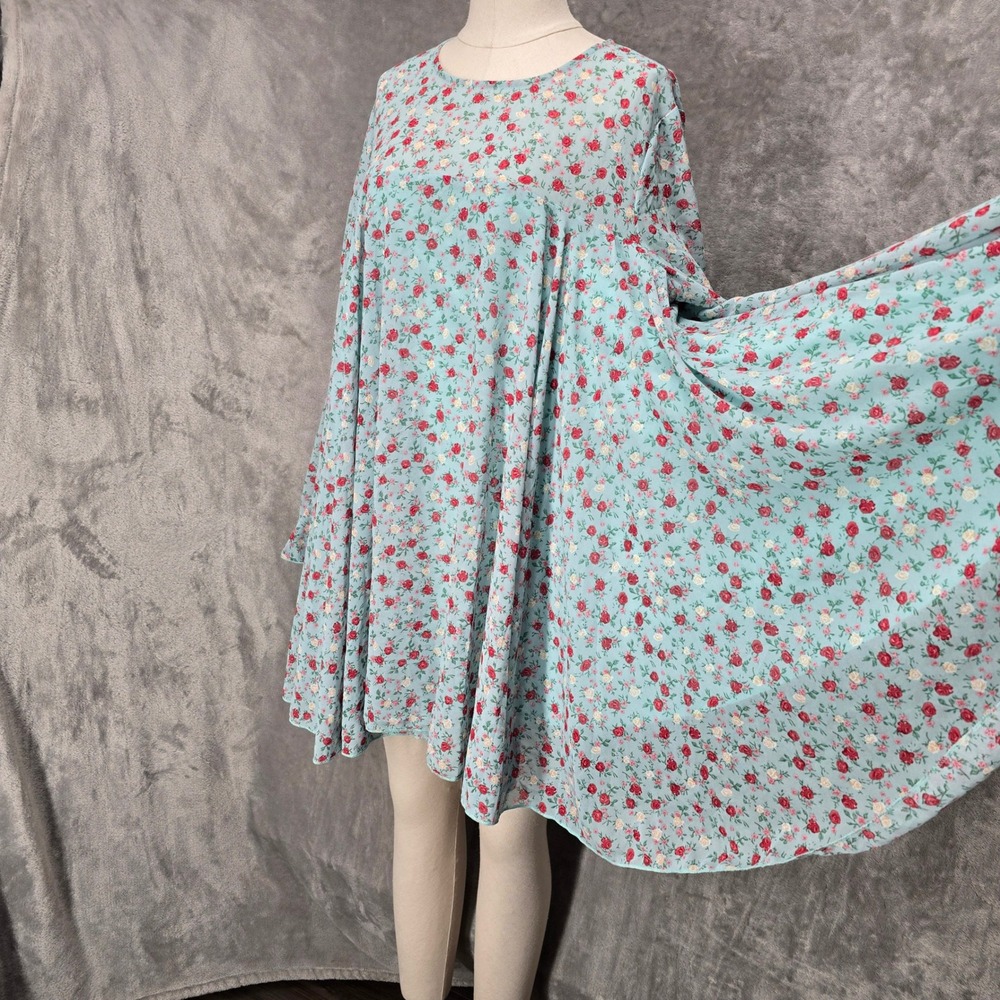 Boohoo Womens Blue Floral Pleated Smock Dress Bell‎ Sleeve NWT Sz 14 Cottagecore - Picture 9 of 14